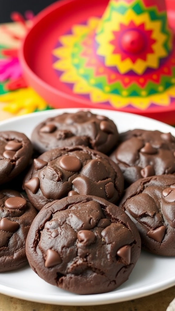 Spicy Chocolate Cookies for Cinco de Mayo A festive plate of spicy chocolate cookies with chocolate chips, perfect for Cinco de Mayo.